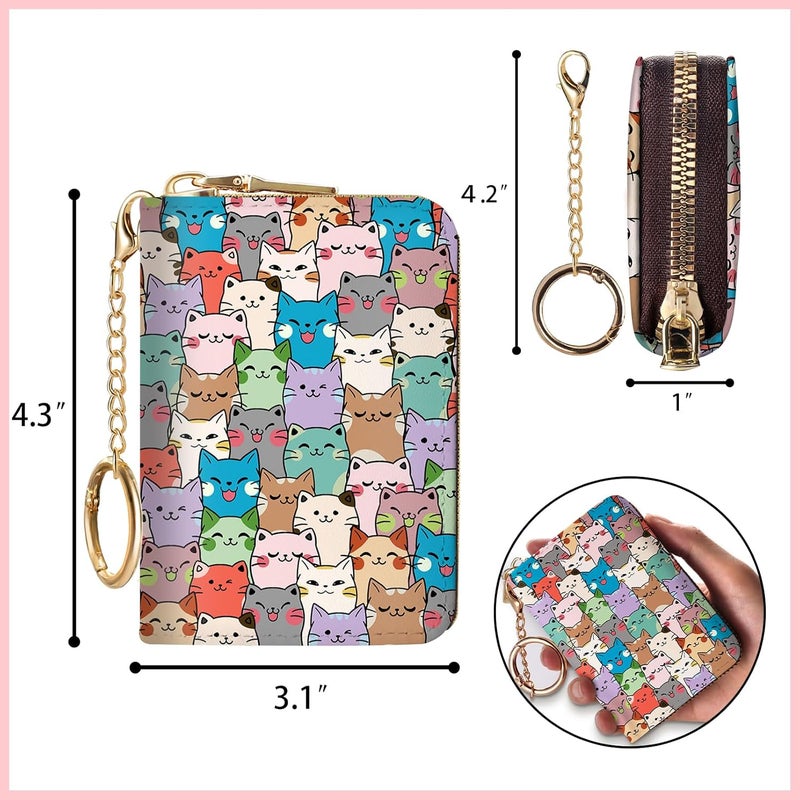 Blusabaca RFID Credit Card Holder Wallets for Women, Small Cat Card Case Wallet with Removable Keychain and Zipper, Leather Card Holder Pocket Business Card Accordion Wallet - Image 4